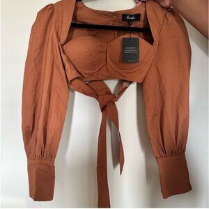 Womens Cropped Bussier Top Ope Tie Back Long Sleeve Thick Cuff Rust Orange